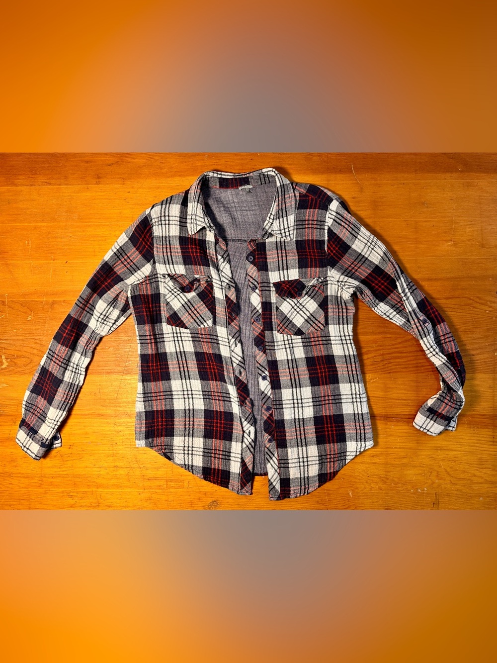 Charlotte Russe Red, Navy & White Plaid Button-Down Shirt Junior Large